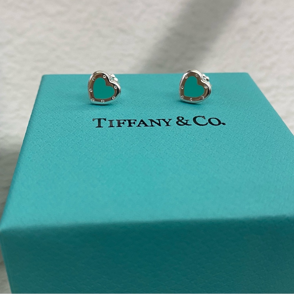 Tiffany & Co. Silver Heart Earrings with Teal Enamel
